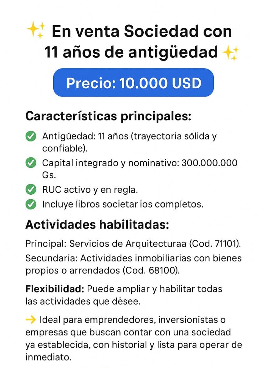 En venta Sociedad con 11 años de antigüedad ✨